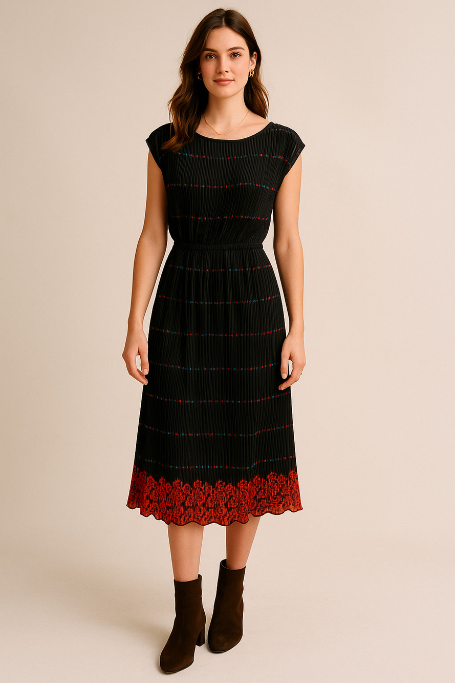 Vintage 80's Womans S Plisse Pleated Midi Dress Dark Floral Elastic Waist Black